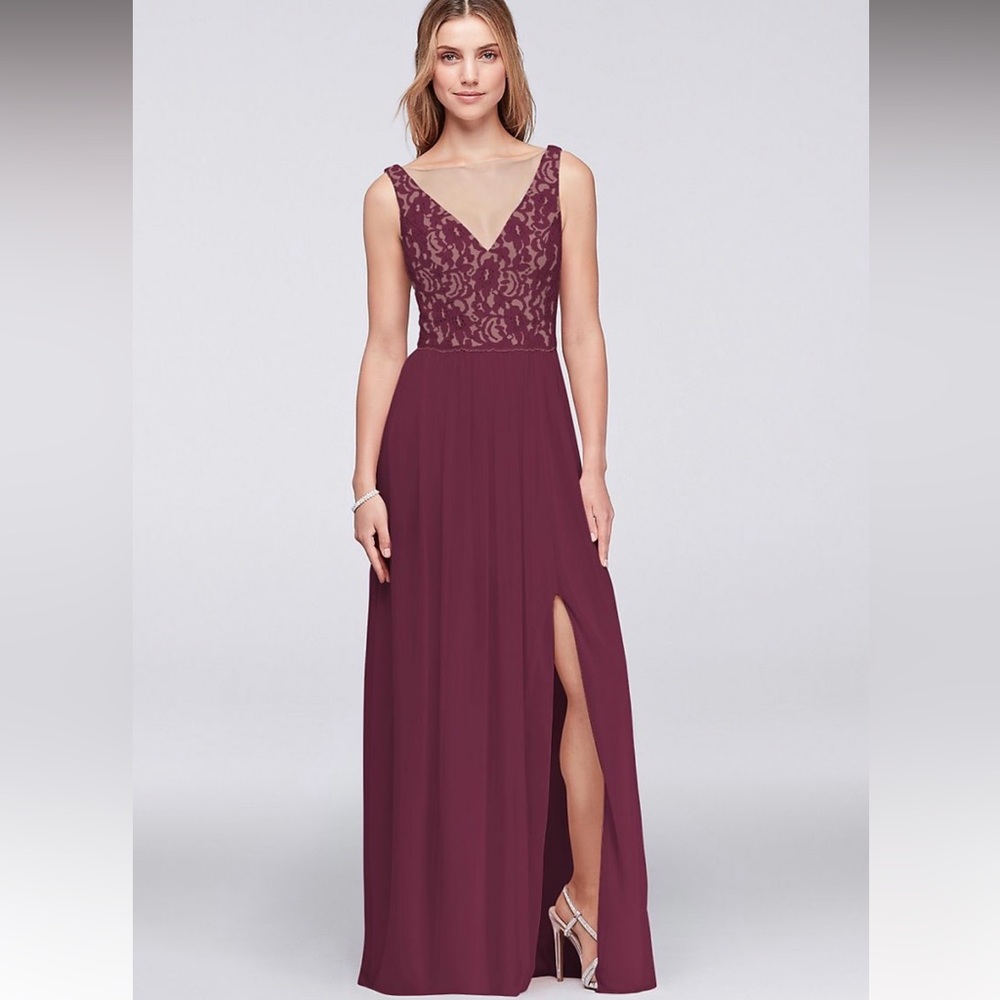 David’s Bridal Illusion V-neck Lace and Mesh Bridesmaid Dress Size 6 Wine